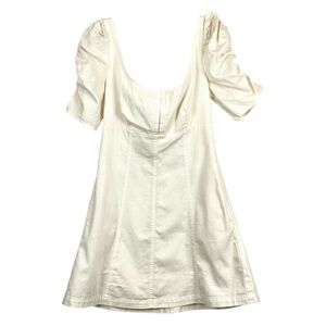 Free People Denim Mini Dress XS Cheyenne Smocked Short Puff Sleeve Ivory
